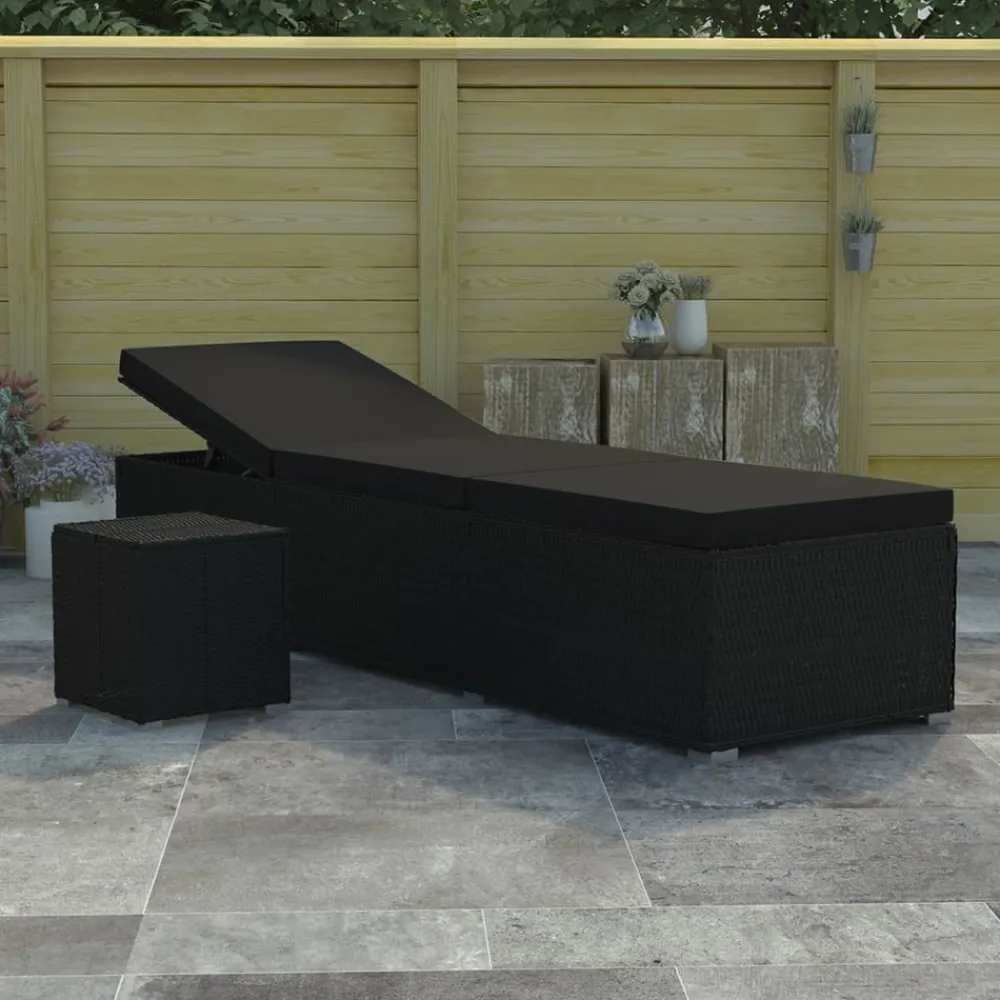 Maison Exclusive Bains De Soleil, Transats Et Hamacs | - Chaise longue avec coussin et table à thé résine tressée noir