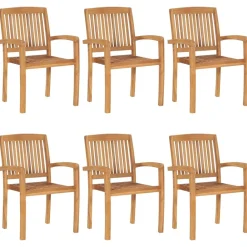 Maison Exclusive Tables Et Chaises De Jardin | - Chaises de jardin empilables avec coussins lot de 6 teck solide