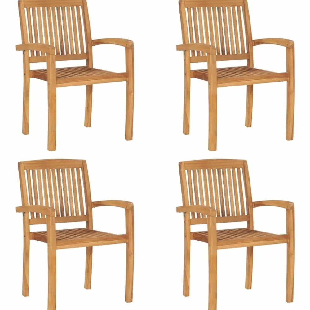 Maison Exclusive Tables Et Chaises De Jardin | - Chaises de jardin empilables avec coussins lot de 4 teck solide