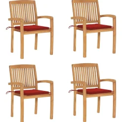 Maison Exclusive Tables Et Chaises De Jardin | - Chaises de jardin empilables avec coussins lot de 4 teck solide