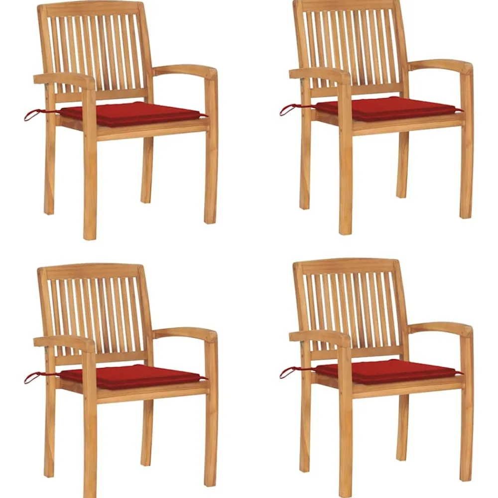 Maison Exclusive Tables Et Chaises De Jardin | - Chaises de jardin empilables avec coussins lot de 4 teck solide