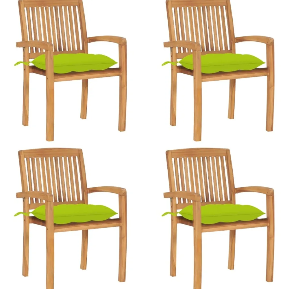 Maison Exclusive Tables Et Chaises De Jardin | - Chaises de jardin empilables avec coussins lot de 4 teck solide
