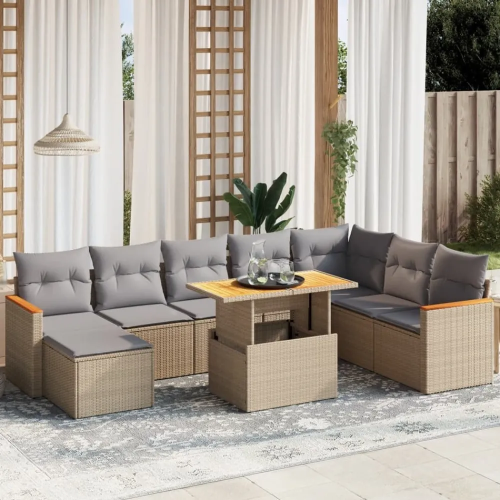 Maison Exclusive Salons De Jardin | - Salon de jardin avec coussins 9 pcs beige résine tressée