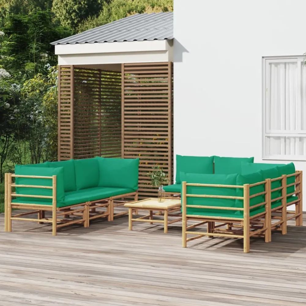 Maison Exclusive Salons De Jardin | - Salon de jardin 9 pcs avec coussins vert bambou