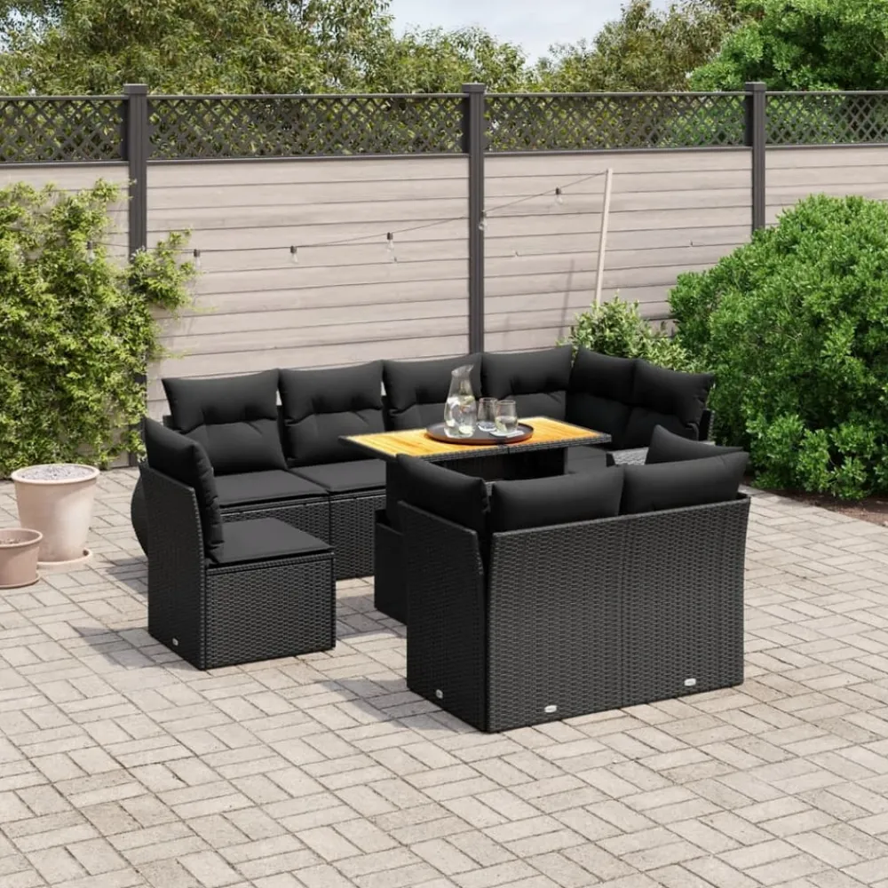 Maison Exclusive Salons De Jardin | - Salon de jardin 9 pcs avec coussins noir résine tressée