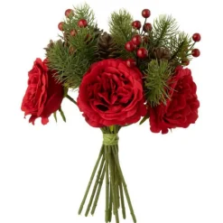 Paris Prix - Bouquet de fleurs artificielles "roses" 28cm rouge & vert Hot