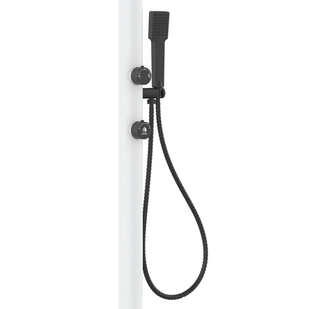 Sined Piscines Et Spas | - Douche blanche alu avec led douchette et capteur sans batterie