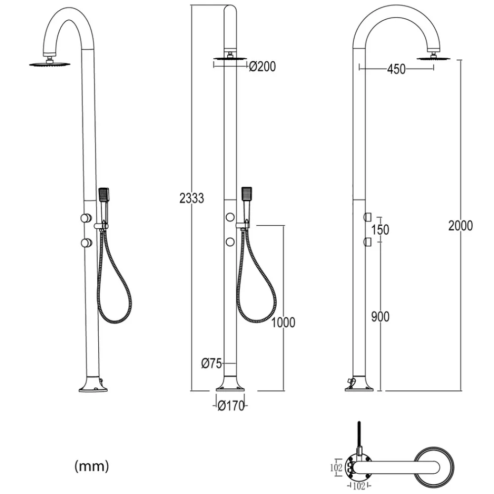 Sined Piscines Et Spas | - Douche blanche alu avec led douchette capteur et double arrivee