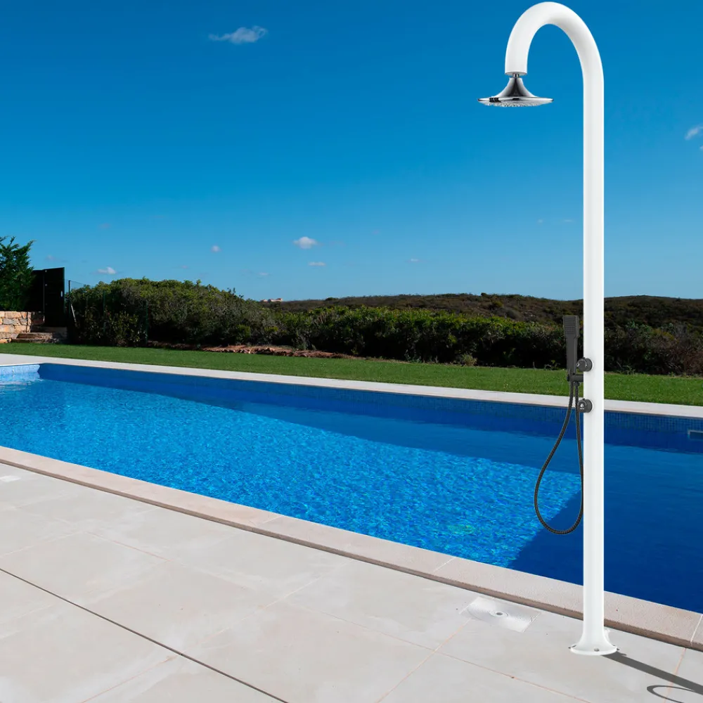 Sined Piscines Et Spas | - Douche blanche alu led capteur 3 jets usage interieurexterieur