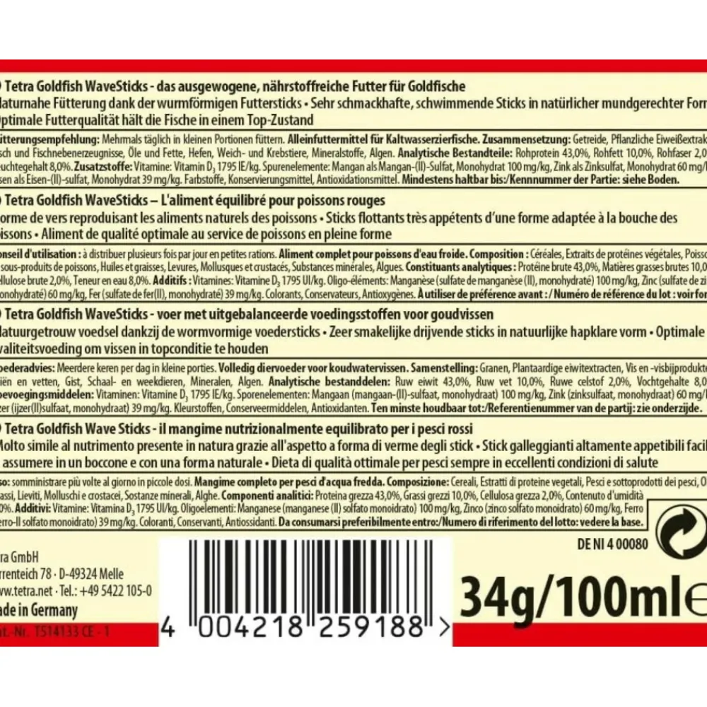 Tetra - Goldfish wave sticks 34 g -100 ml aliment complet pour les poissons rouge New