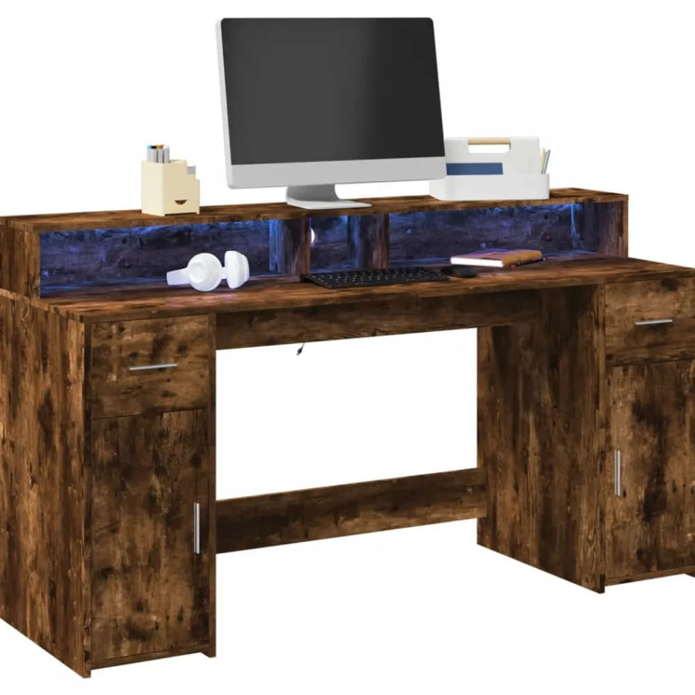 Vidaxl - Bureau et lumières led chêne fumé 160x55x91cm bois d'ingénierie