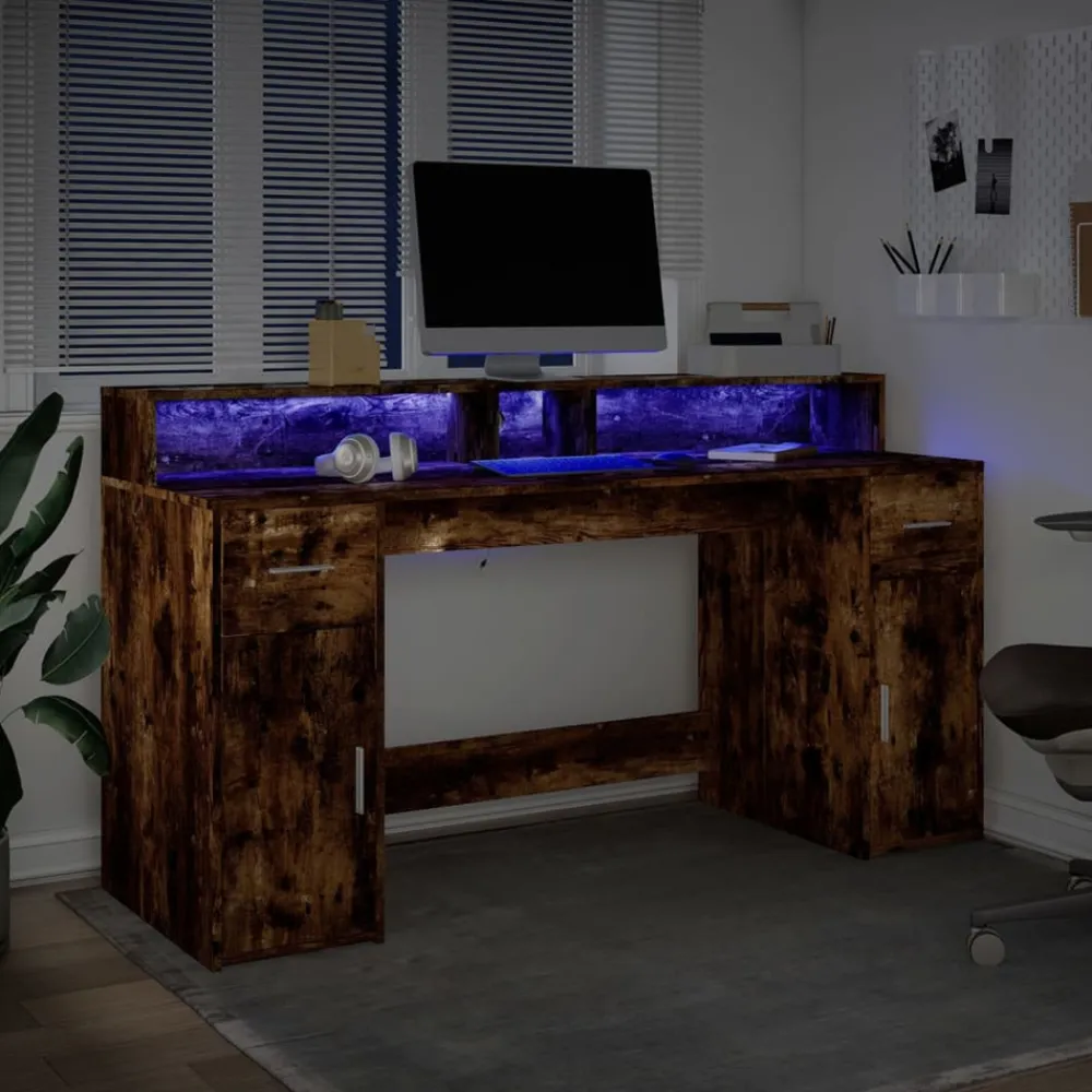 Vidaxl - Bureau et lumières led chêne fumé 160x55x91cm bois d'ingénierie