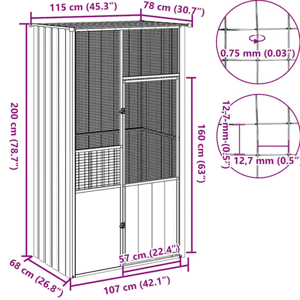 Vidaxl Cages, Volières Et Accessoires | - Cage à oiseaux gris 115x78x200 cm acier galvanisé